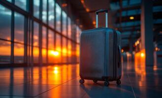 Sunset at the airport with a luggage. A lone suitcase stands on the terminal floor as a vibrant sunset colors the sky behind large glass windows. photo