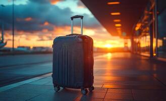 Sunset at airport terminal. A lone suitcase stands at an airport terminal as the sun sets, casting a warm glow across the pavement and clouds. photo