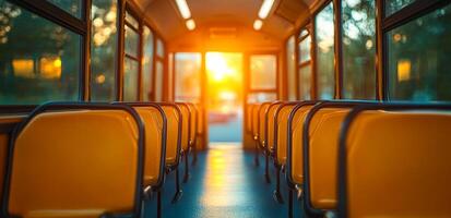 Sunset view from an empty bus interior. Golden sunlight filters through bus windows, illuminating empty yellow seats and creating a warm, tranquil atmosphere. photo