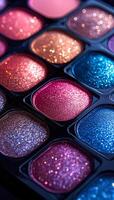 Colorful eyeshadow palette with sparkles. Close-up view of an eyeshadow palette featuring various vibrant shades and sparkling finishes suitable for makeup looks. photo