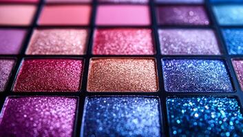 Vibrant shimmer eyeshadow set. A colorful palette of vibrant shimmer eyeshadows with diverse shades and textures to choose from. photo