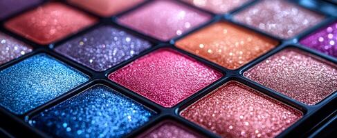 Vibrant shimmering eyeshadow palette. Close-up of a makeup palette featuring vibrant, sparkling eyeshadow shades arranged in a neat grid pattern. photo