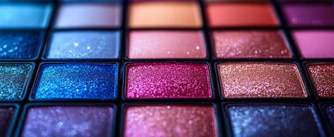 Vibrant eyeshadow palette. Brightly colored eyeshadow palette features an array of shimmering hues perfect for makeup enthusiasts and artists. photo