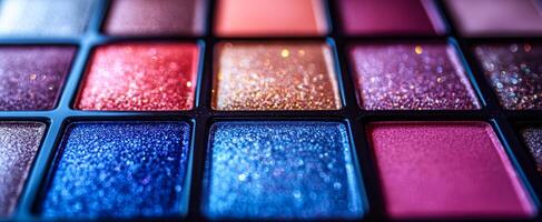 Vibrant sparkling makeup palette. A close-up view of a vivid makeup palette showcasing shades of pink, red, and blue with a sparkling finish. photo