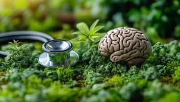 Nature's path to wellness. A stethoscope sits by a brain sculpture in a green setting, symbolizing the link between health and nature. photo