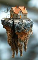 Floating house on rocky terrain. A miniature house rests on a rocky cliff, with a barren tree beside it, creating an otherworldly atmosphere. photo