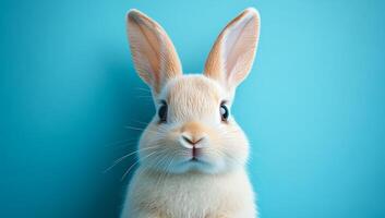 Curious rabbit against a blue background. A soft-furred rabbit curiously stares at the camera, its cute face and big ears pop against a blue background. photo