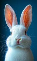 Cute white rabbit with big ears in focus. A fluffy white rabbit is staring directly at the viewer against a deep blue background. photo