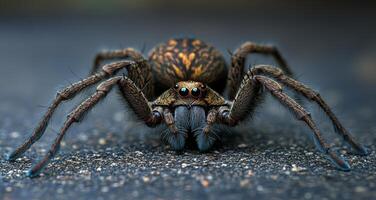 Spider close-up in nature. A patterned spider crawls on a textured surface in a natural outdoor setting, showcasing its features. photo