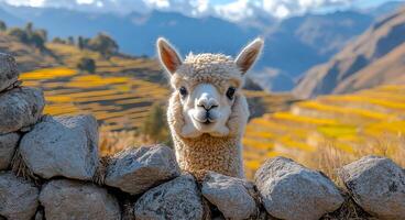 Llama peeking over a stone wall in Peru. A curious llama peers over a stone wall with scenic mountains and fields in the background during daylight. photo