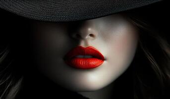 Stunning close-up of red lips. In a low-light setting, a close-up reveals bold red lips partially hidden by a dark hat, conveying mystery and allure. photo