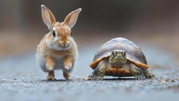 Rabbit and tortoise outdoors. A rabbit leaps playfully beside a tortoise on a path in a natural environment during daylight hours. photo