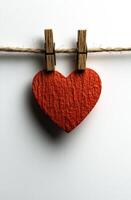 Colorful heart decoration on a string. A textured orange heart is clipped to a twine string, adding a charming touch to the simple display. photo