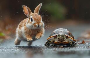 Rabbit races turtle on a rainy day. A rabbit leaps energetically alongside a turtle on a wet path during light rain, showcasing contrasting speeds. photo