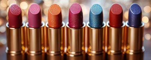 Colorful lipsticks lined up on display. A vibrant display of colorful lipsticks showcases a variety of shades and textures. photo