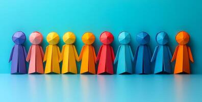 Colorful paper figures lined up in a row. A row of vibrant, geometric paper figures stands against a blue background, showcasing a mix of colors and shapes. photo