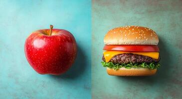 Contrast of healthy and indulgent foods. A red apple stands next to a cheeseburger with lettuce, tomato, and sesame seed bun on a colored background. photo