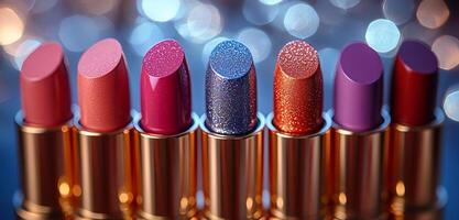 Colorful array of lipsticks on display. Various lipsticks in shades of pink, red, and blue are arranged in a row, shining brightly under soft lighting. photo