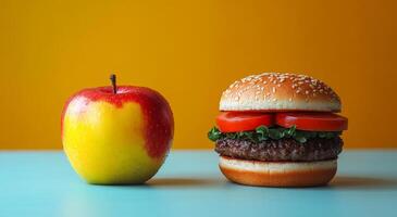 Apple and burger contrast. An apple and a burger on a colorful background highlight the contrast between healthy and indulgent choices. photo