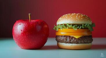 Juicy hamburger and fresh apple display. A red apple and a juicy hamburger sit on a table, showcasing contrasting freshness and indulgence. photo