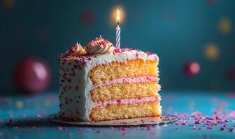 Bright cake with one candle. A vibrant birthday cake with pink frosting and colorful sprinkles sits on a plate, featuring one lit candle on top. photo