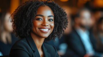 Bright smile in a professional setting. A woman with curly hair smiles warmly at a business event, surrounded by an engaged, formally dressed audience. photo