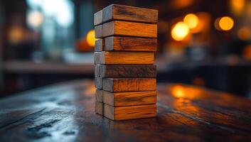 Stack of wooden blocks on rustic table. Wooden blocks stacked on a rustic table, with soft bokeh lights in the background for a warm ambiance. photo