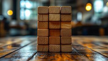 Tower of wooden blocks. Multiple wooden blocks are neatly stacked in a tower on a rustic wooden table inside a cozy cafe setting. photo