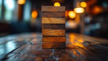 Stacked wooden blocks on a table. Vertical wooden blocks are arranged on a rustic table in a cozy, dimly lit space, forming an artistic display. photo