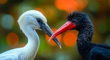 Birds in a vivid nature setting. Two vibrant birds face off, displaying their unique feathers against a colorful backdrop in a lively setting. photo