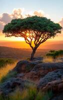 Tree silhouette at sunset over hills. A lone tree stands on rocky terrain as the sun sets behind distant hills, casting warm light and shadows. photo