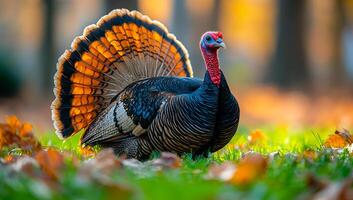 Wild turkey displaying colorful feathers. A vibrant wild turkey is showcasing its colorful plumage in a forest during autumn while fallen leaves surround it. photo