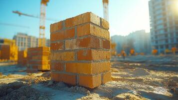 Sunrise on brick urban build. Workers construct structures at dawn, with tall cranes and brick walls at the construction site. photo
