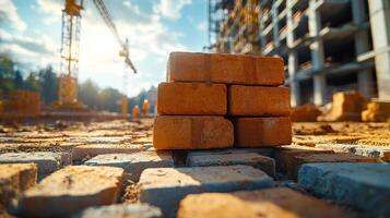 Construction site with bricks at sunset. Bricks piled on the ground at a construction site during a sunny evening, with cranes and workers in the background. photo