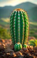 Cactus in desert landscape. A tall green cactus stands in the sun, surrounded by a serene desert and mountains in the background. photo
