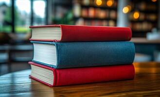 Books on a cozy table. Three colorful books are neatly stacked on a wooden table, set within a warm, inviting library atmosphere. photo