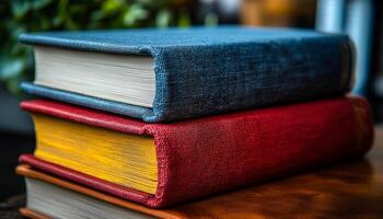 Cozy table with stacked books. Two books, one blue and one red, are stacked on a wooden table, surrounded by greenery and warm lighting. photo