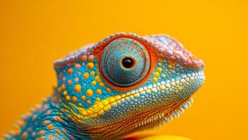 Bright chameleon on vivid background. A colorful chameleon displays its textures and hues, resting on a hand in front of a vivid yellow backdrop. photo