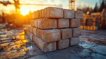 Sunset over bricks at site. Bricks are stacked on a construction site while the sun sets, creating a warm glow and a productive atmosphere. photo