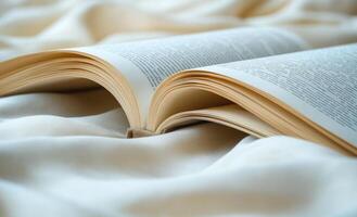 Open book resting on soft fabric. An open book lies on soft, draped fabric, showcasing its pages and inviting reading during a quiet moment. photo