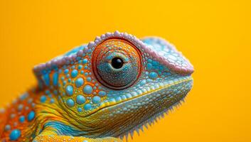 Colorful lizard displays vibrant scales. A close-up shows a colorful lizard with unique patterns on a vivid yellow background. photo