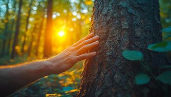 Touching the tree in sunlight. A hand gently touches the bark of a tree while golden sunlight streams through the forest at dusk. photo