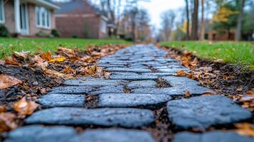 Autumn leaves on cobblestones. A close view of a cobblestone path surrounded by fallen leaves on a crisp autumn day in a peaceful neighborhood. photo