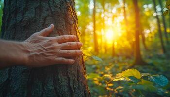 Tranquil forest at sunset. A hand rests gently on a tree trunk in a serene forest, with warm sunlight filtering through the trees at dusk. photo
