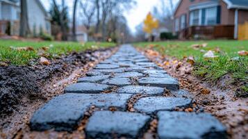 Quiet cobblestone path. Rainy day reveals a cobblestone pathway lined with grass and trees in a serene suburban area during autumn. photo
