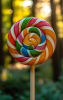Lollipop in a colorful forest. A colorful lollipop stands tall in a calm forest, catching sunlight that filters through the trees. photo