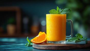 Mango smoothie with oranges. A vibrant mango smoothie sits in a glass, garnished with mint and accompanied by orange slices on a blue table. photo