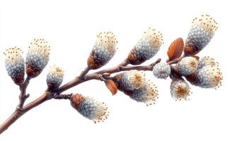 Spring tree with blooming flowers. Delicate buds and flowers bloom on a tree branch, showcasing vibrant colors during the spring season. photo