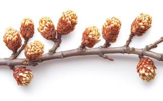 Pine cones on a branch look stunning. A branch with various pine cones showcases intricate texture and natural patterns in a simple composition. photo