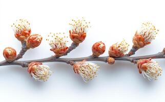Spring blossoms on a branch in bloom. Delicate spring blossoms emerge from the branch, showcasing vibrant petals and tender buds ready to open. photo
